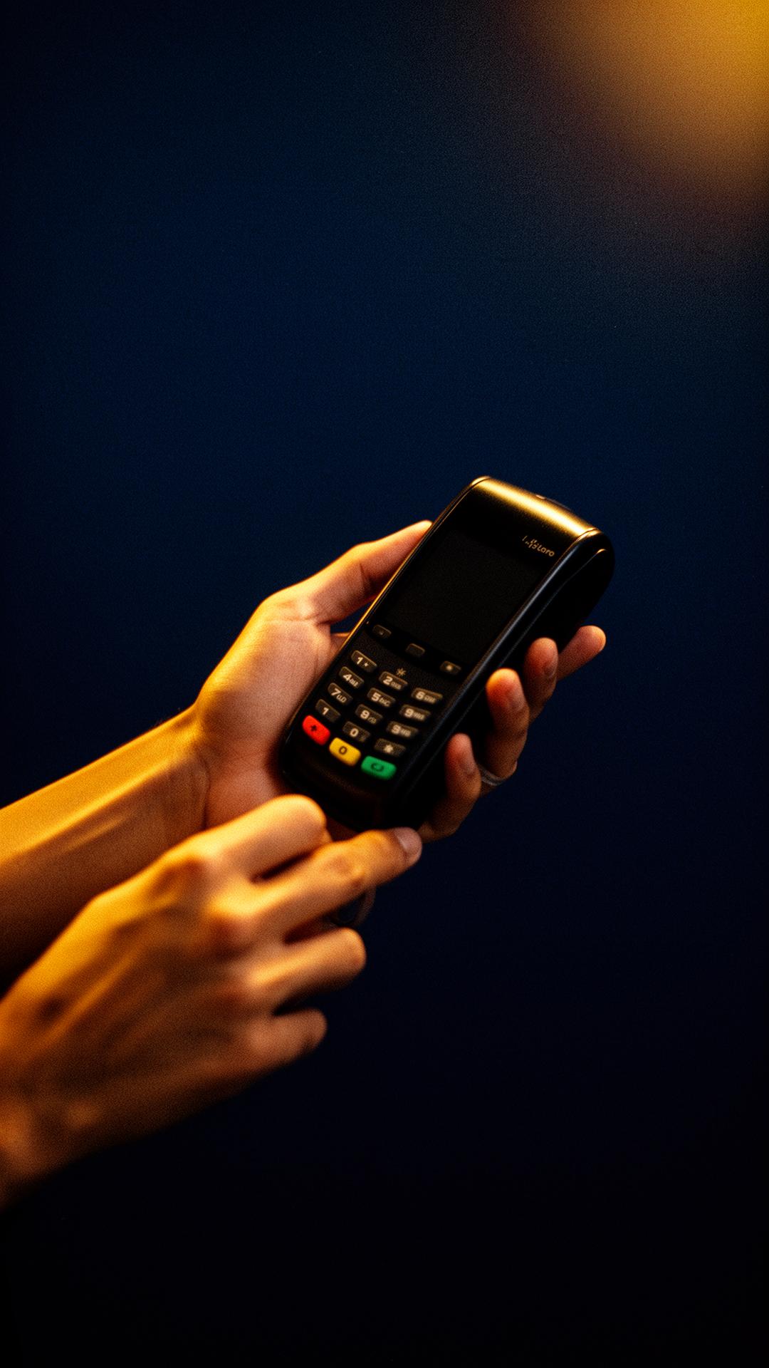 Card payment terminal in warm light